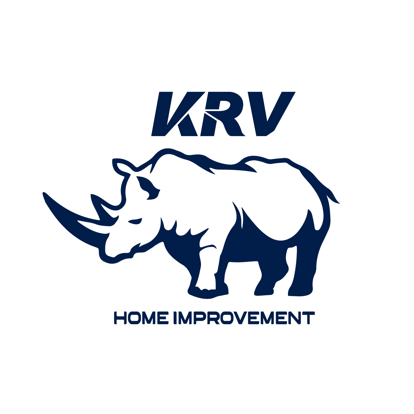 Logotipo de KRV Home Improvement con rinoceronte y nombre de la marca.