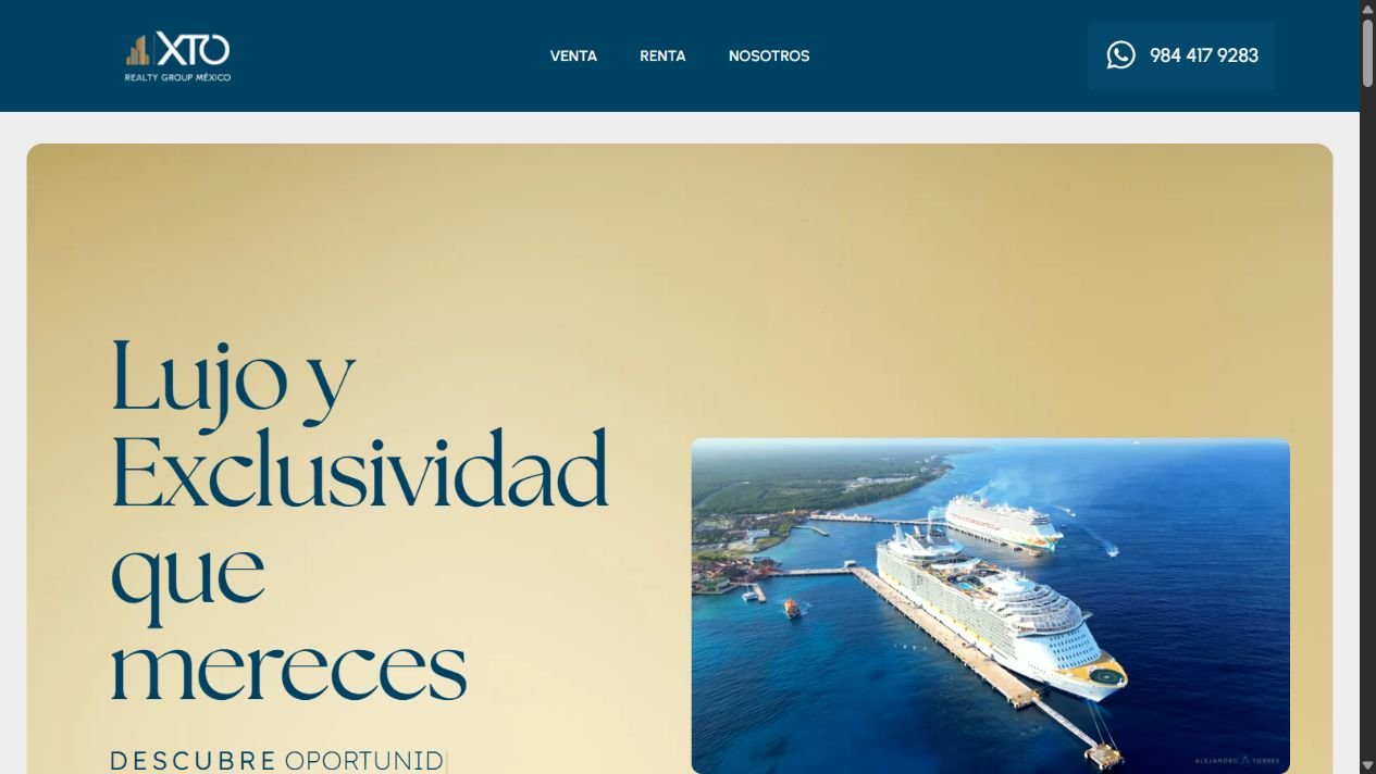 Página de inicio de XTO Realty Group con propuesta de lujo y exclusividad.